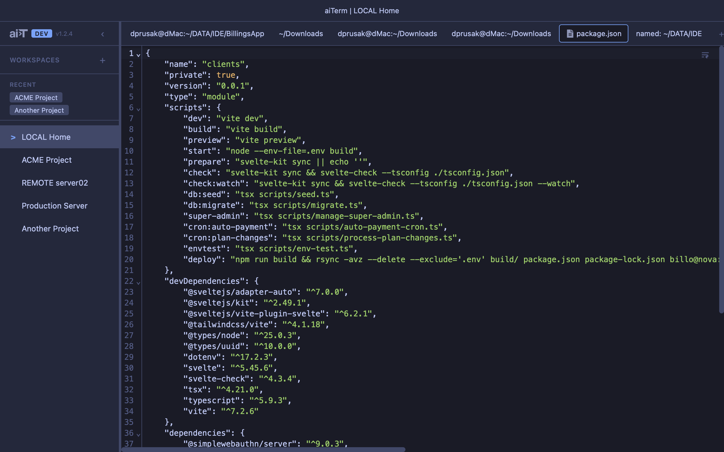Built-in code editor tab alongside terminals