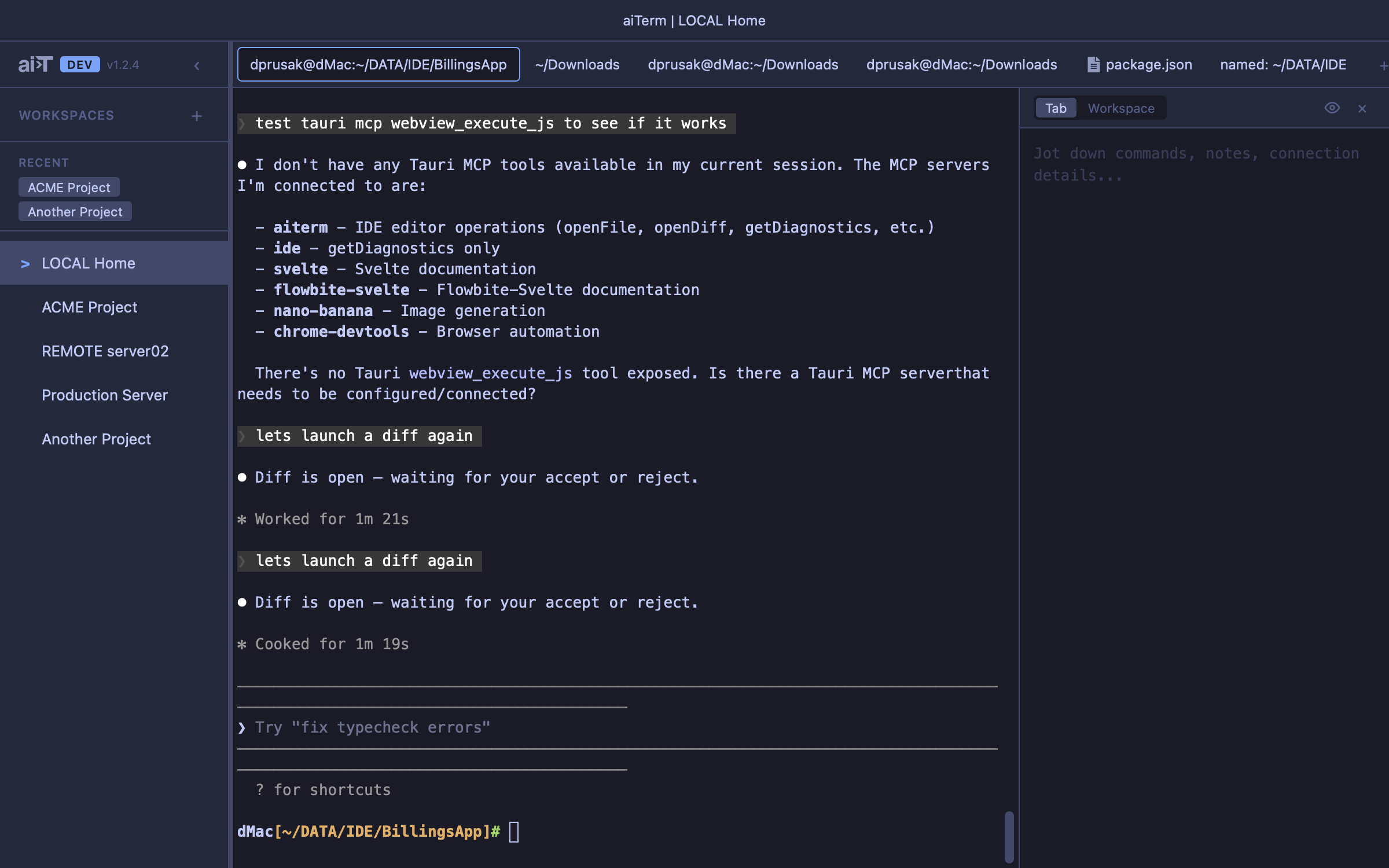 maiTerm workspaces and tab list